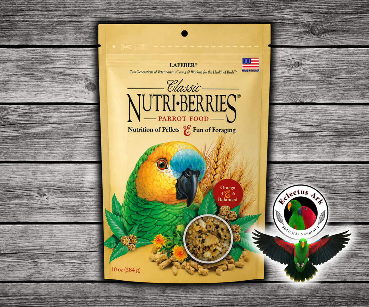 Lafeber Parrot Nutri-Berries 14 Lb with hulled white proso millet, corn, oat groats, peanuts, hulled canary grass seed, 16.5% pellets, stabilized vitamins, chelated minerals, and amino acids for parrots. 10 oz bag