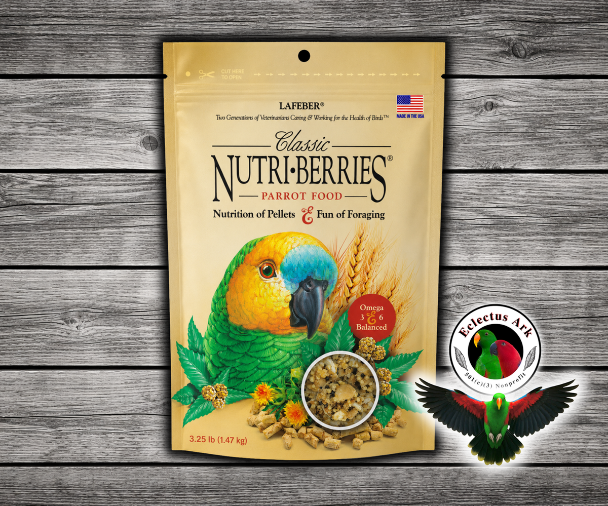 Lafeber Parrot Nutri-Berries 14 Lb with hulled white proso millet, corn, oat groats, peanuts, hulled canary grass seed, 16.5% pellets, stabilized vitamins, chelated minerals, and amino acids for parrots. 3.25 lb bag