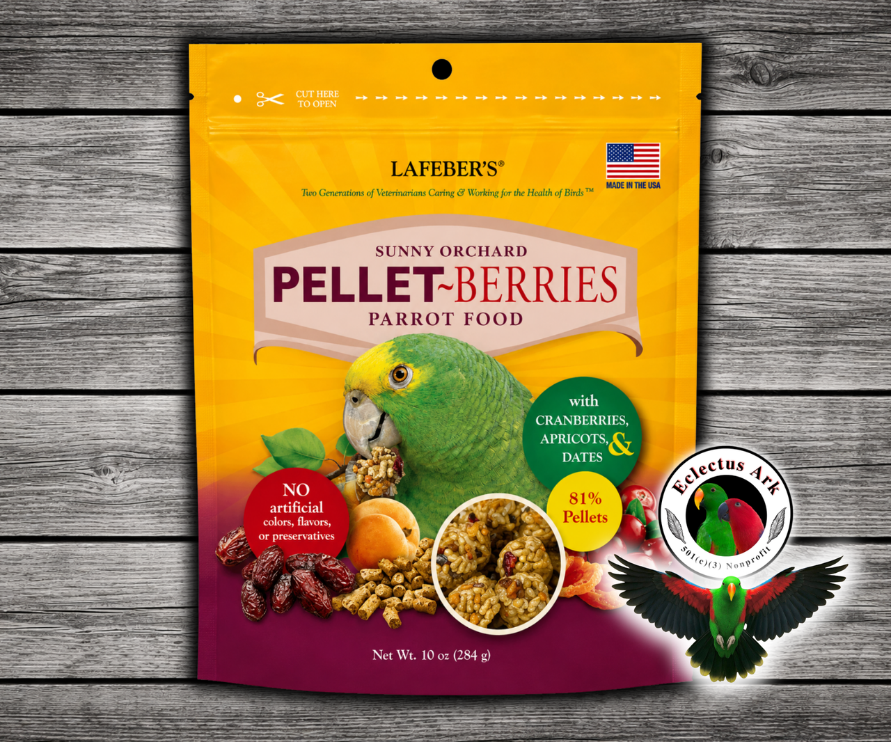 Lafeber Parrot Pellet-Berries with 81% pellets, 19% individual fruits and grains, cranberries, apricots, dates, hulled canary grass seed, red millet, vitamins, minerals, and omega fatty acids for parrots, macaws, cockatoos, and conures. 10 oz bag