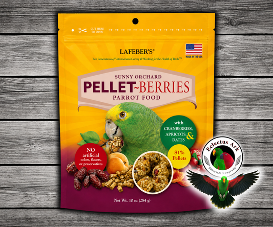 Lafeber Parrot Pellet-Berries with 81% pellets, 19% individual fruits and grains, cranberries, apricots, dates, hulled canary grass seed, red millet, vitamins, minerals, and omega fatty acids for parrots, macaws, cockatoos, and conures. 10 oz bag