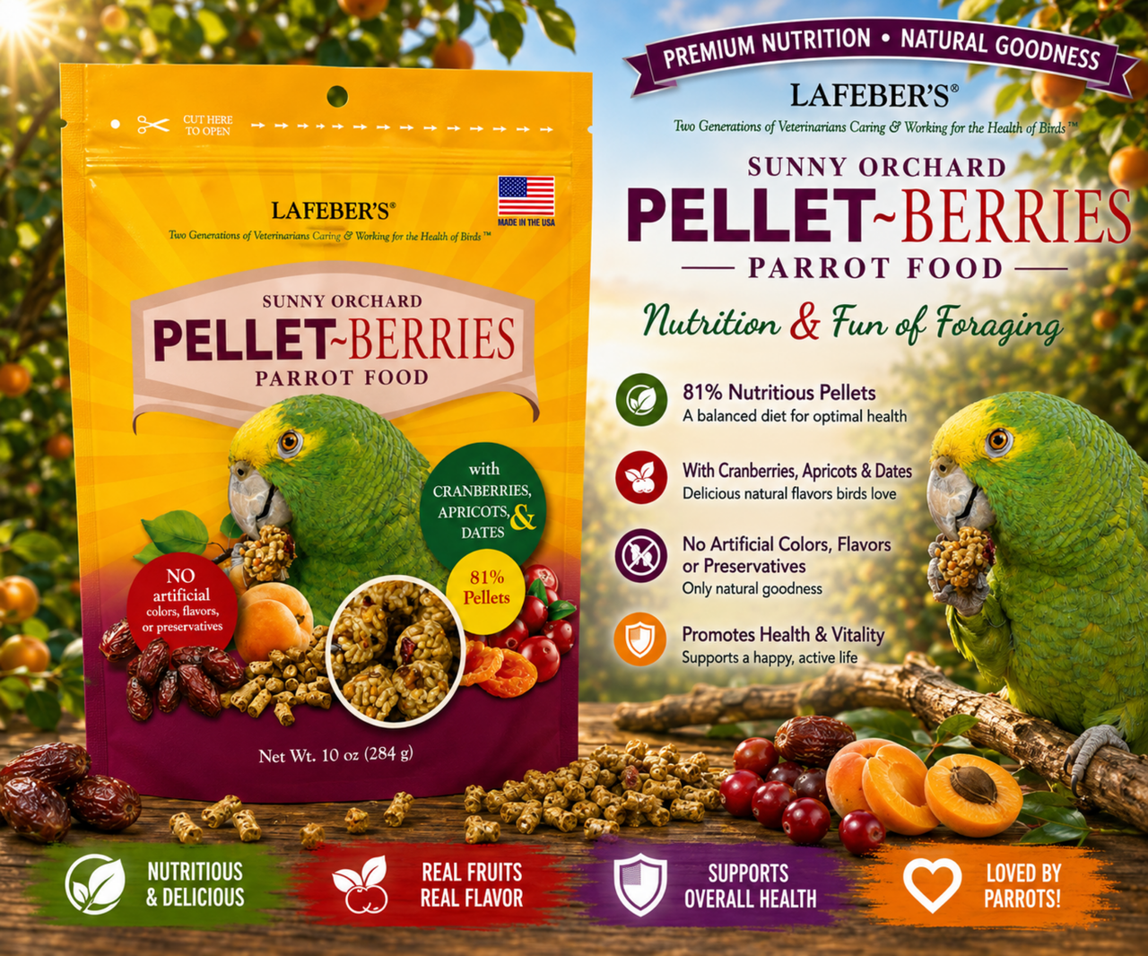 Lafeber Parrot Pellet-Berries with 81% pellets, 19% individual fruits and grains, cranberries, apricots, dates, hulled canary grass seed, red millet, vitamins, minerals, and omega fatty acids for parrots, macaws, cockatoos, and conures. 10 oz Promo