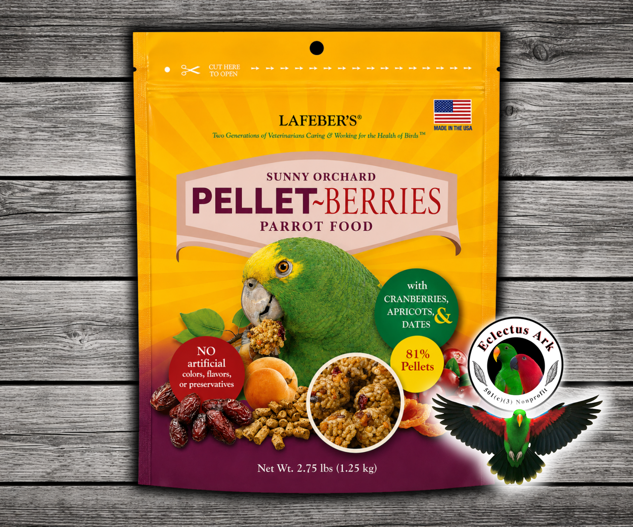Lafeber Parrot Pellet-Berries with 81% pellets, 19% individual fruits and grains, cranberries, apricots, dates, hulled canary grass seed, red millet, vitamins, minerals, and omega fatty acids for parrots, macaws, cockatoos, and conures. 2.75 lb bag