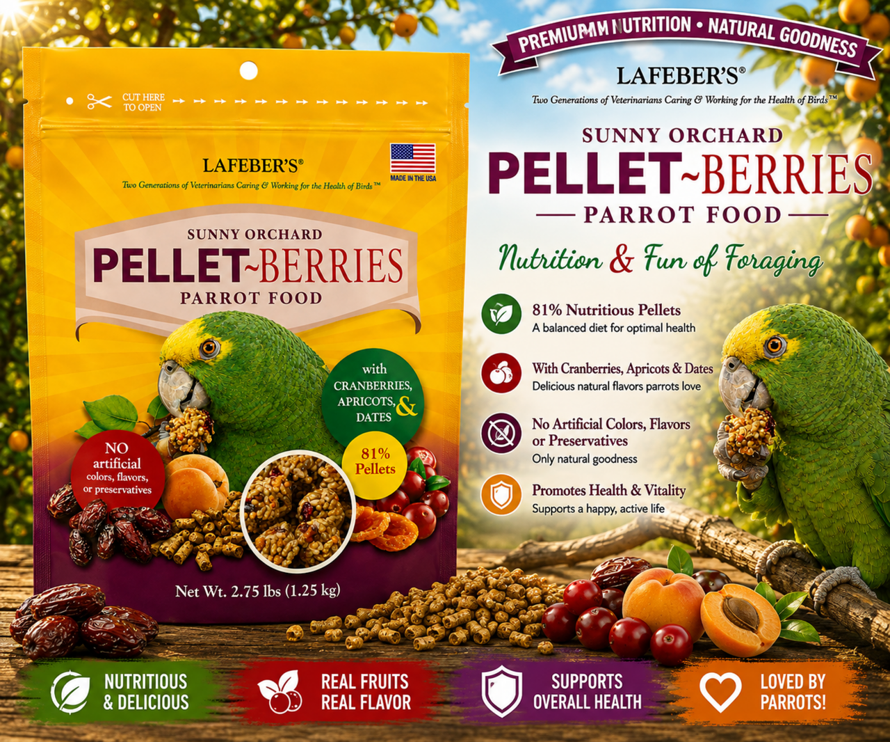 Lafeber Parrot Pellet-Berries with 81% pellets, 19% individual fruits and grains, cranberries, apricots, dates, hulled canary grass seed, red millet, vitamins, minerals, and omega fatty acids for parrots, macaws, cockatoos, and conures. 2.75 lb bag