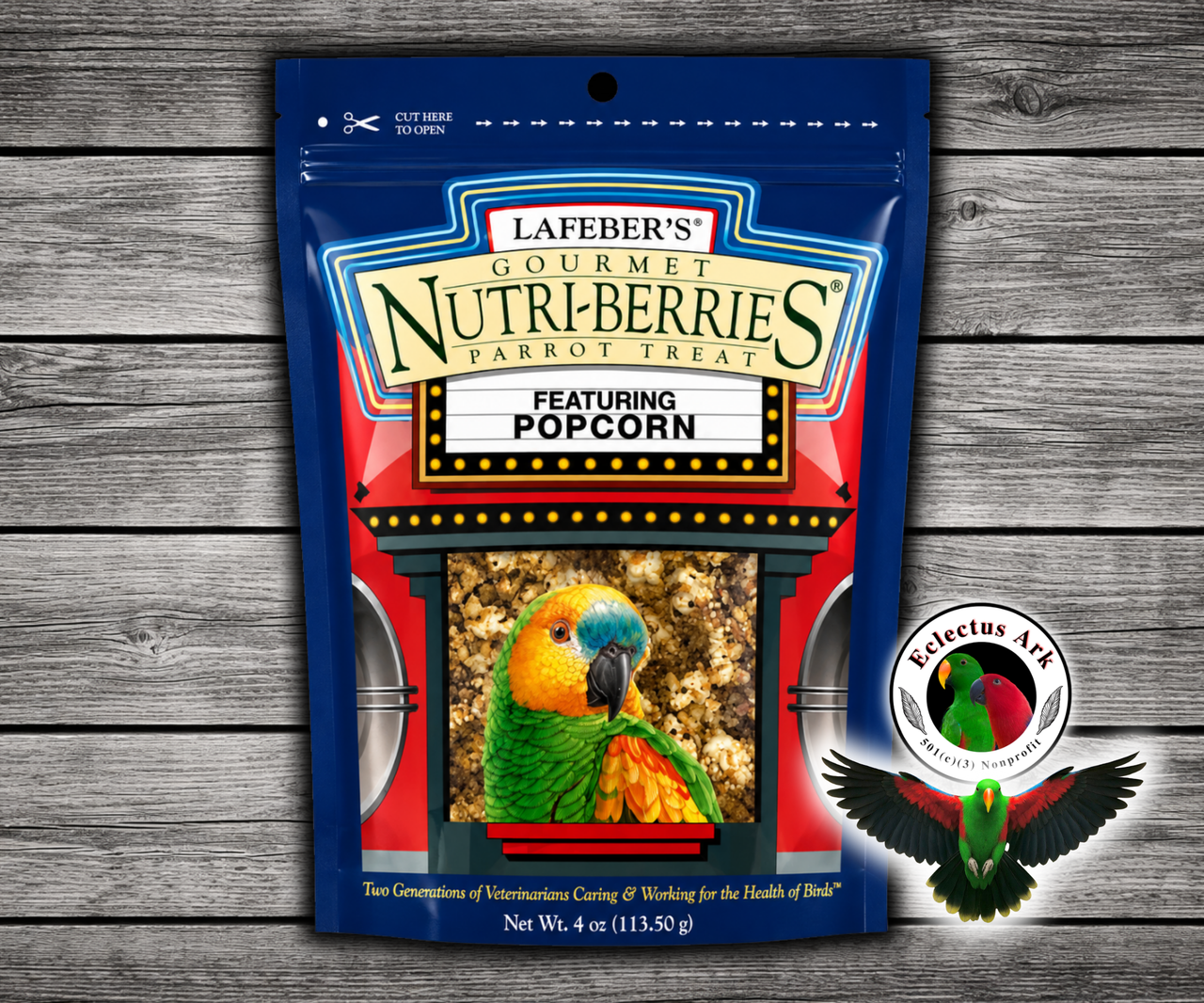 Lafeber Parrot Popcorn Nutri-Berries 4 Oz with popcorn, cracked corn, hulled seeds, safflower, peanut splits, red millet, caramel flavoring, vitamins, and minerals for parrots, macaws, cockatoos, and conures.