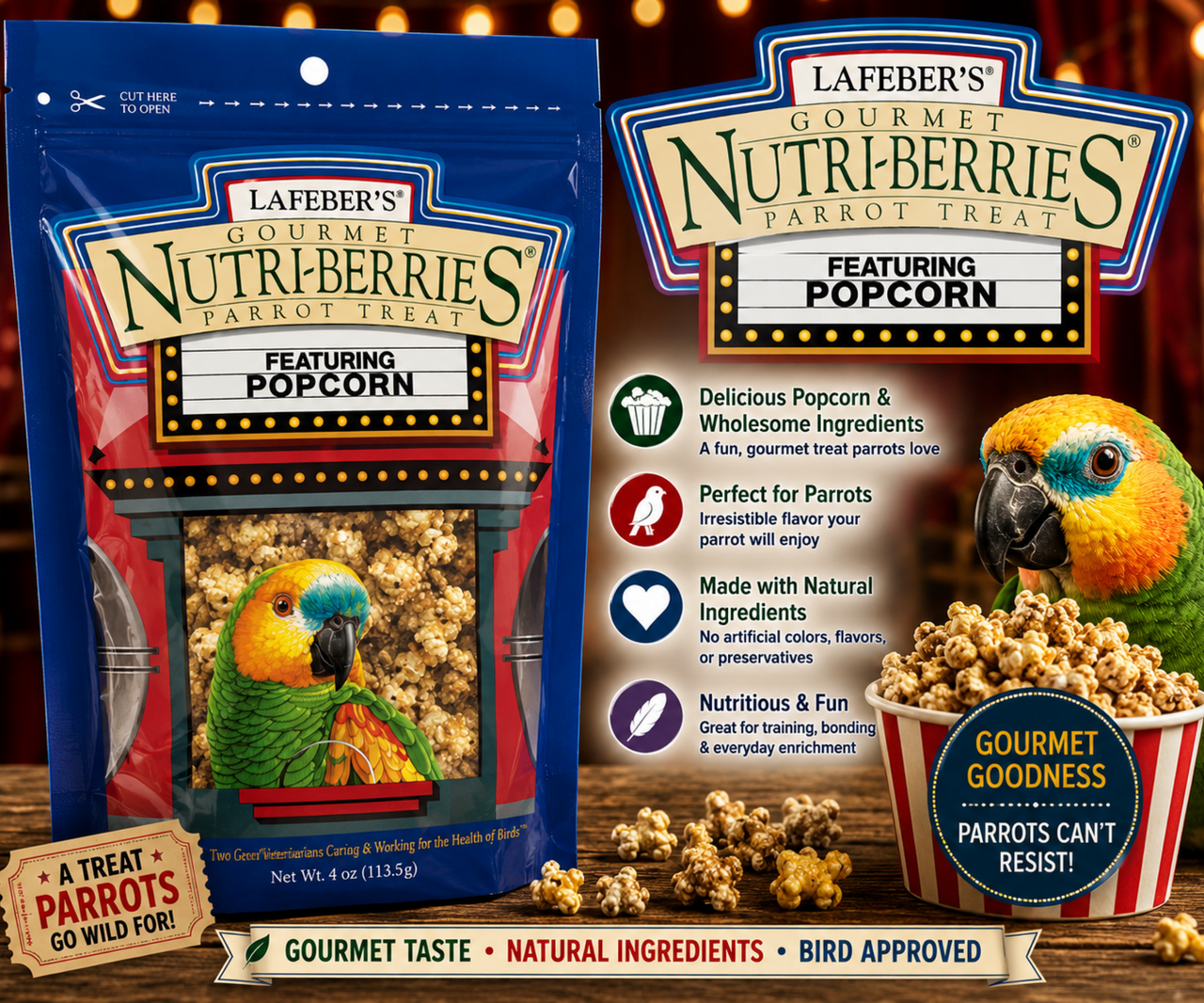Lafeber Parrot Popcorn Nutri-Berries 4 Oz with popcorn, cracked corn, hulled seeds, safflower, peanut splits, red millet, caramel flavoring, vitamins, and minerals for parrots, macaws, cockatoos, and conures. Promo