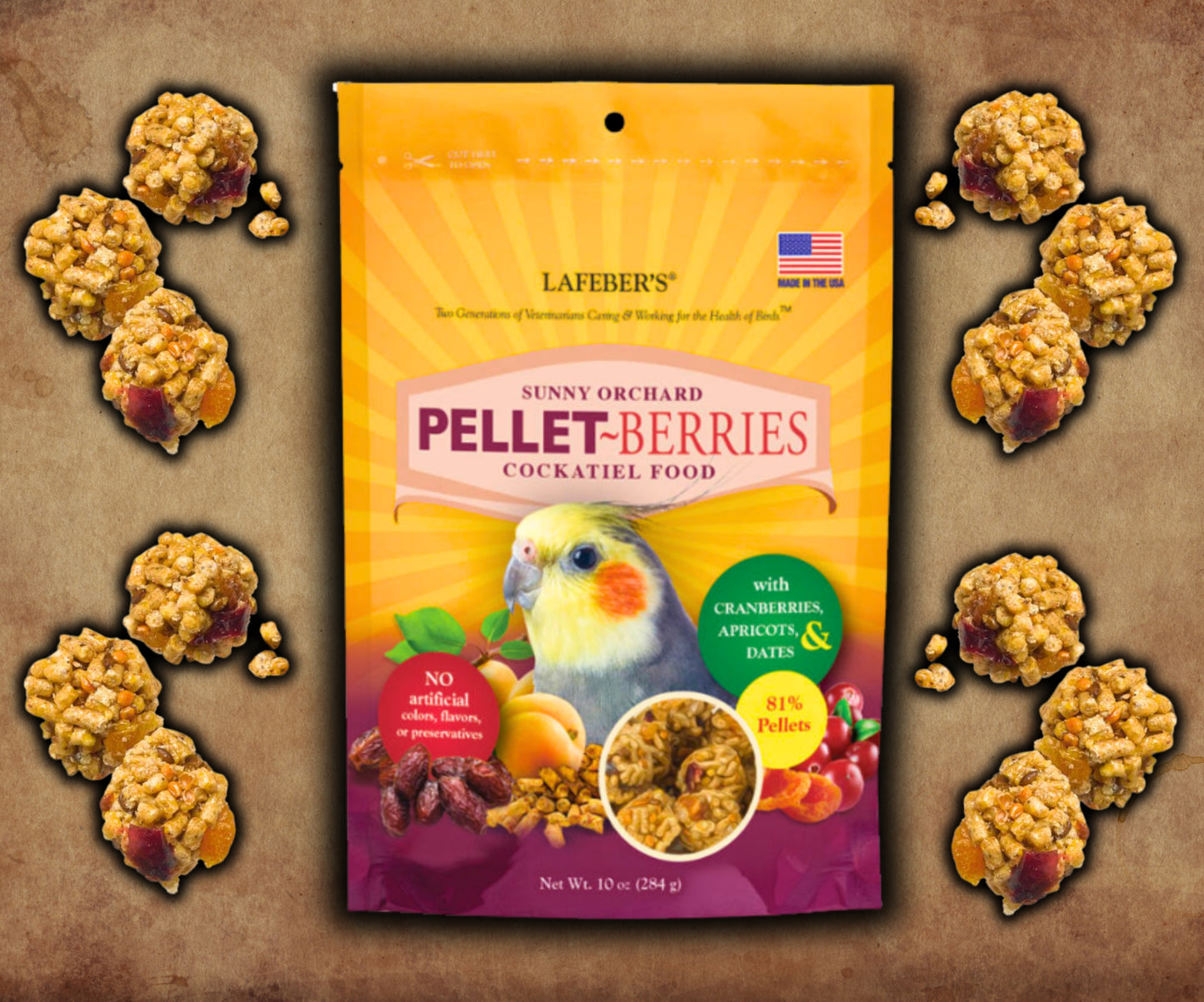 Bag of Lafeber Pellet-Berries 10 oz — pellet- and fruit-based berry-shaped nuggets for cockatiels and small parrots, combining nutrition with foraging enrichment.