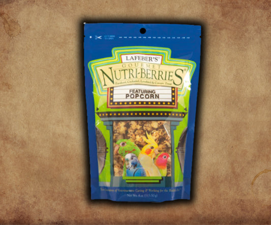 Bag of Lafeber Popcorn Nutri-Berries 4 oz — seed, grain and popcorn-infused nuggets for cockatiels and parakeets, combining nutrition and foraging enrichment.