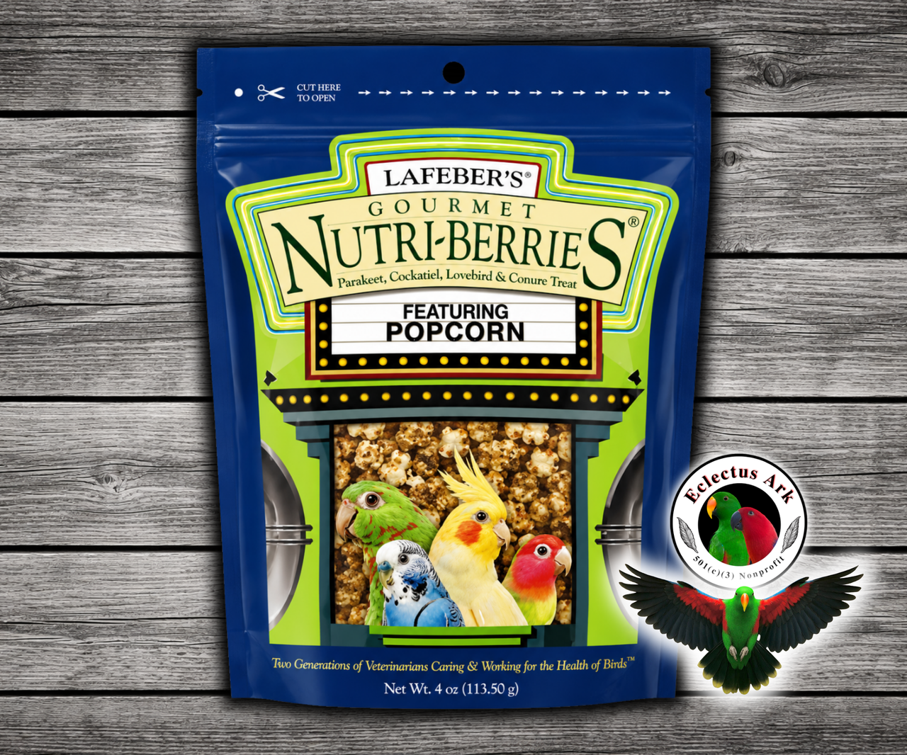 Lafeber Popcorn Nutri-Berries for cockatiels and parakeets made with popcorn, peanuts, hulled seeds, red millet, caramel flavoring, vitamins, minerals, and omega fatty acids for small birds.