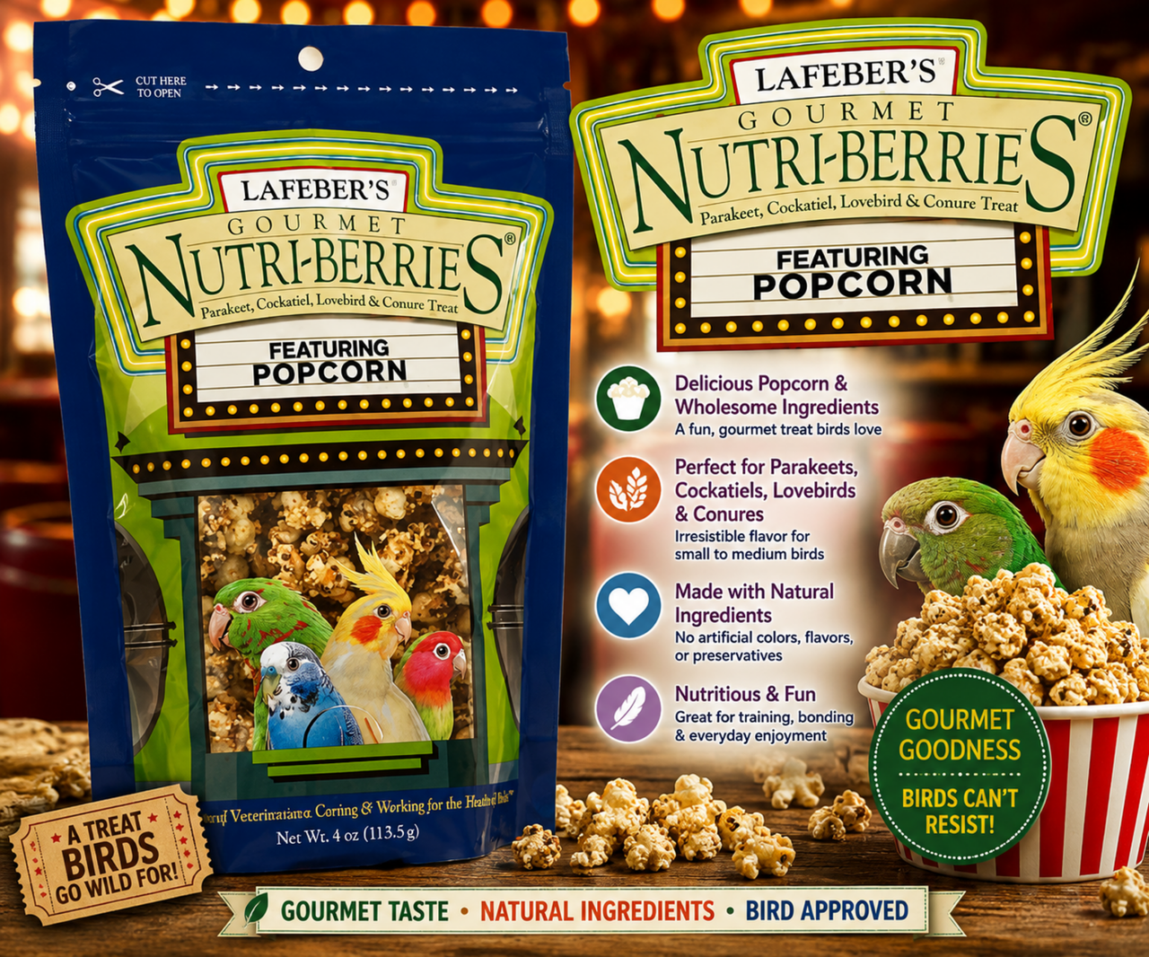 Lafeber Popcorn Nutri-Berries for cockatiels and parakeets made with popcorn, peanuts, hulled seeds, red millet, caramel flavoring, vitamins, minerals, and omega fatty acids for small birds. Promo