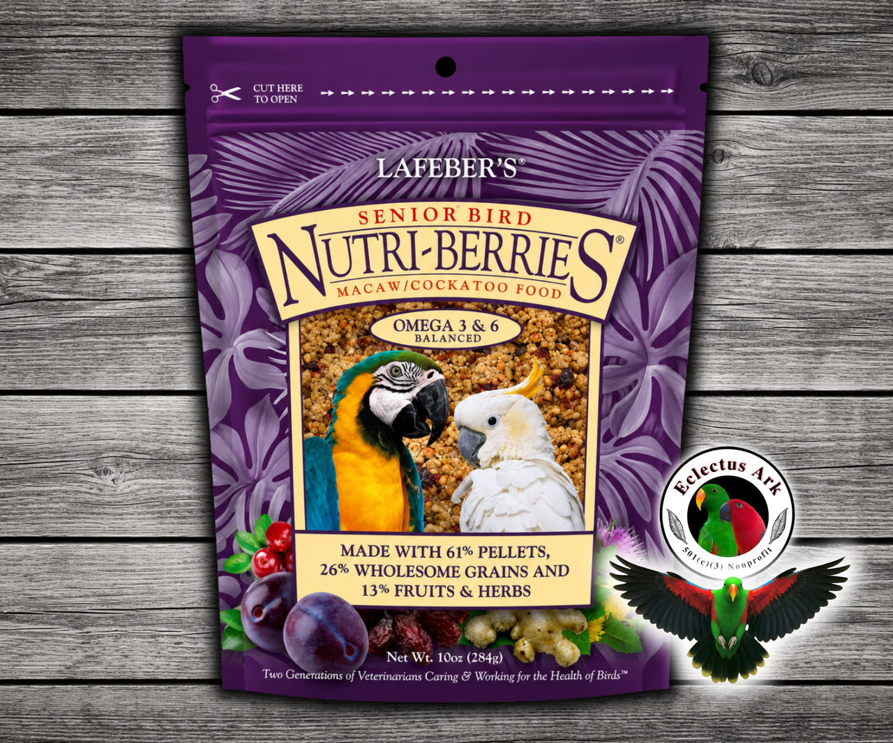 Lafeber Senior Nutri-Berries for macaws and cockatoos with 61% pellets, 26% wholesome grains, 13% fruits and herbs, dried dates, cranberries, plums, dandelion root, ginger, milk thistle, glucosamine sulfate, and chondroitin sulfate for mature parrots. 10 oz bag