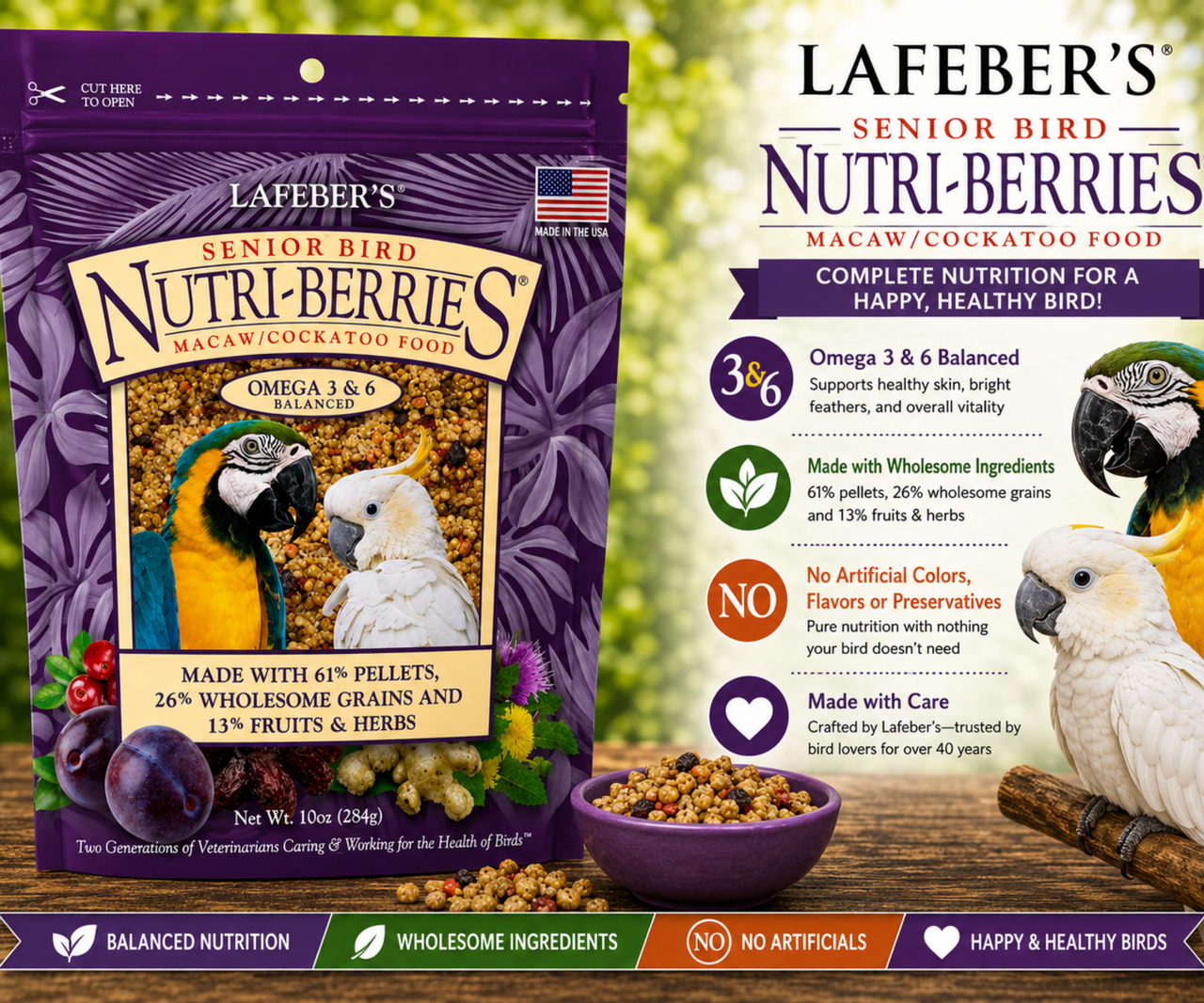 Lafeber Senior Nutri-Berries for macaws and cockatoos with 61% pellets, 26% wholesome grains, 13% fruits and herbs, dried dates, cranberries, plums, dandelion root, ginger, milk thistle, glucosamine sulfate, and chondroitin sulfate for mature parrots. 10 oz bag promo