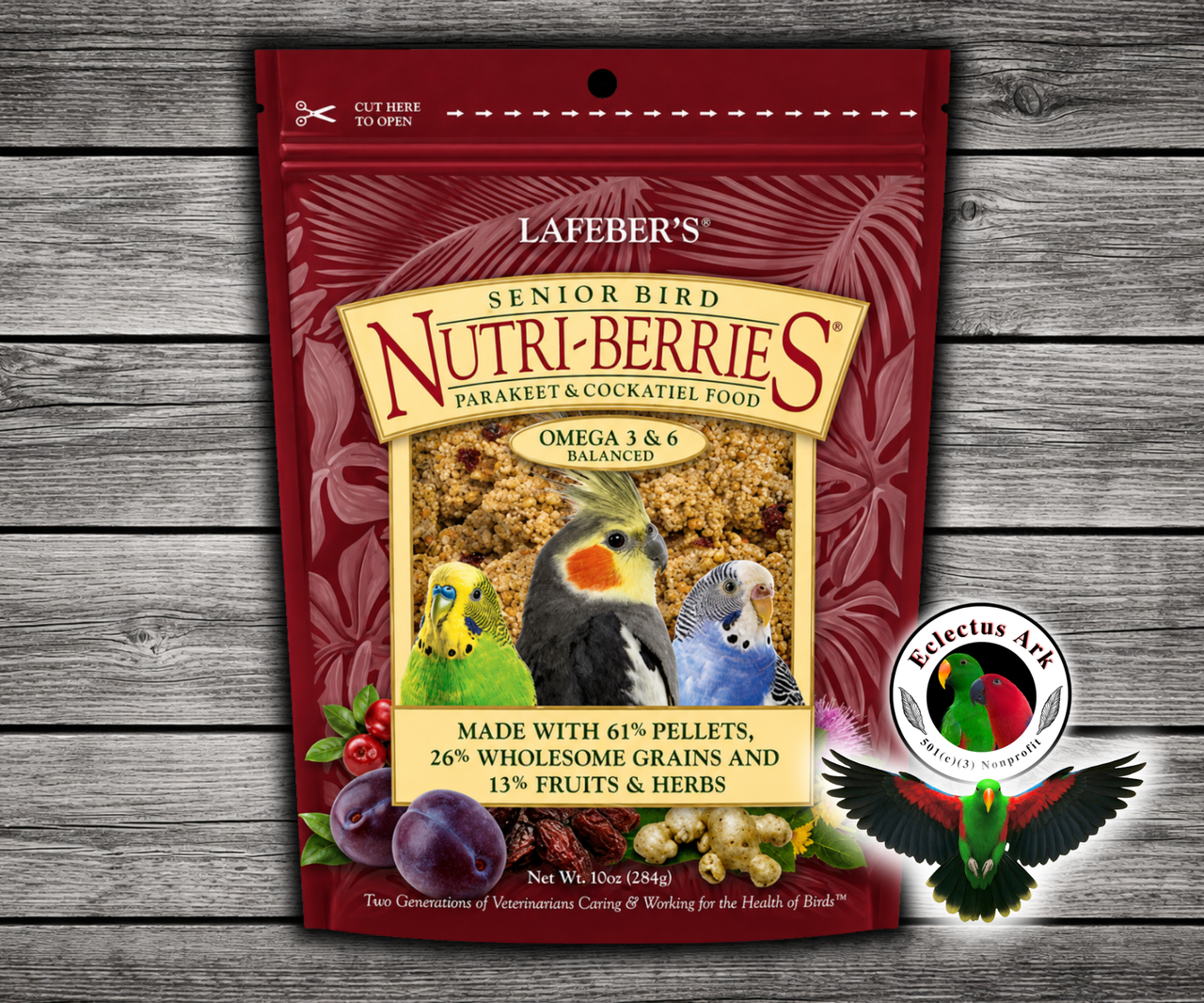 Lafeber Senior Nutri-Berries for parakeets and cockatiels with 61% pellets, 26% wholesome grains, 13% fruits and herbs, dried dates, cranberries, plums, dandelion root, ginger, milk thistle, glucosamine sulfate, and chondroitin sulfate for mature small birds. 10 oz bag