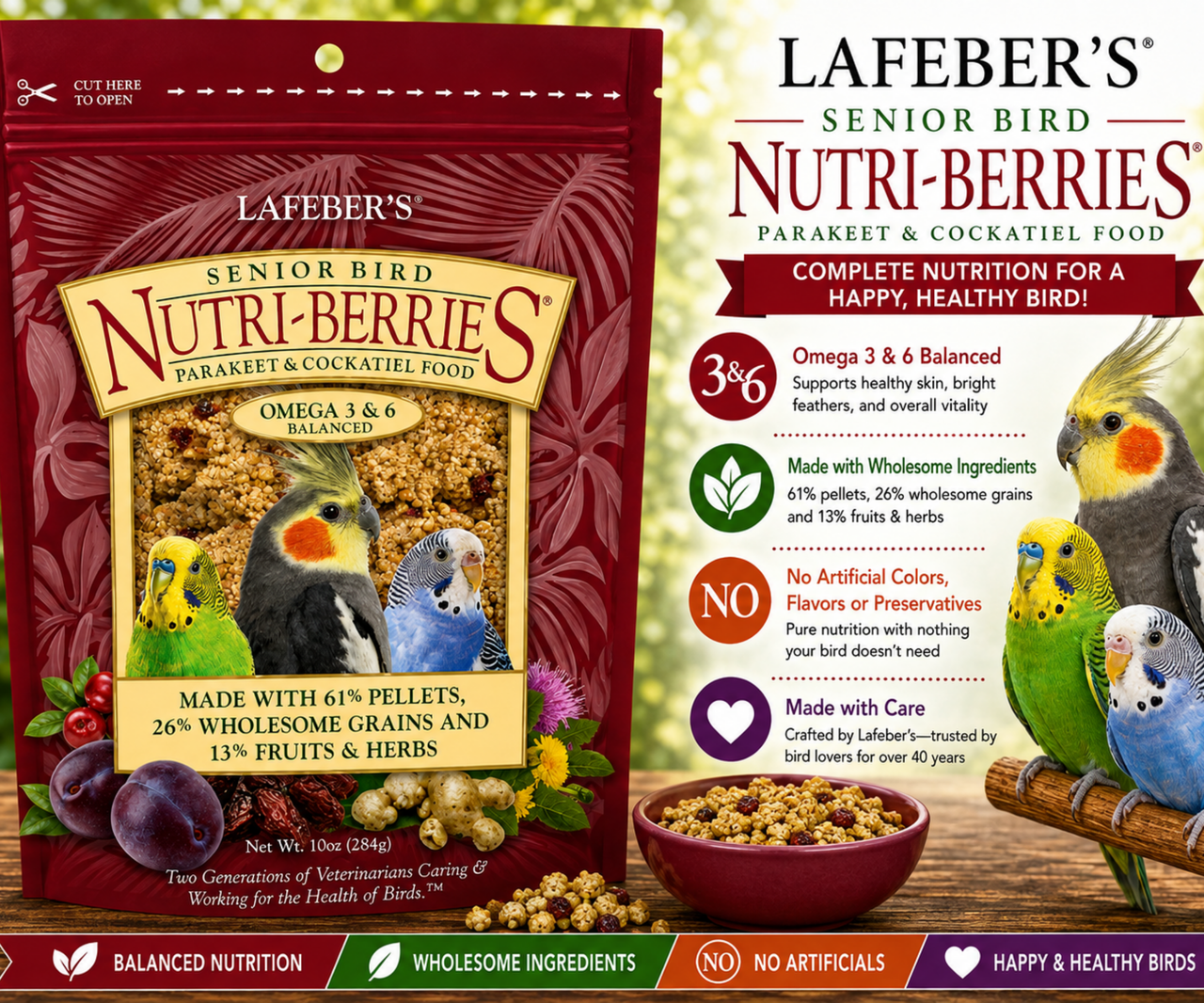 Lafeber Senior Nutri-Berries for parakeets and cockatiels with 61% pellets, 26% wholesome grains, 13% fruits and herbs, dried dates, cranberries, plums, dandelion root, ginger, milk thistle, glucosamine sulfate, and chondroitin sulfate for mature small birds. 10 oz bag Promo