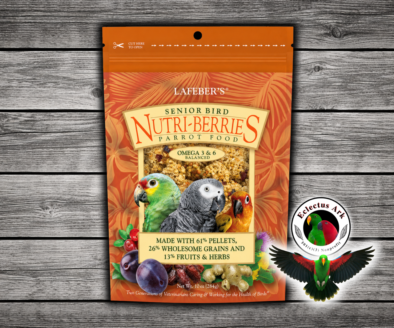 Lafeber Senior Nutri-Berries for parrots with 61% pellets, 26% wholesome grains, 13% fruits and herbs, dried dates, cranberries, plums, dandelion root, ginger, milk thistle, glucosamine sulfate, chondroitin sulfate, vitamins, and minerals for mature parrots. 10 oz bag