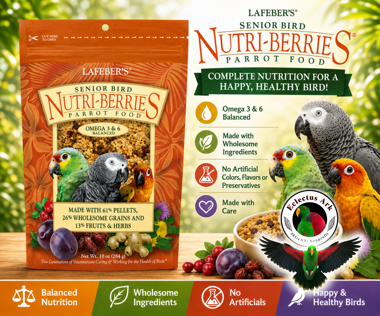 Lafeber Senior Nutri-Berries for parrots with 61% pellets, 26% wholesome grains, 13% fruits and herbs, dried dates, cranberries, plums, dandelion root, ginger, milk thistle, glucosamine sulfate, chondroitin sulfate, vitamins, and minerals for mature parrots. 10 oz promo