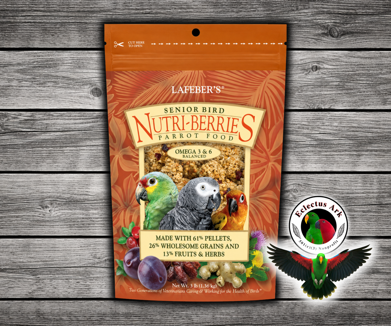 Lafeber Senior Nutri-Berries for parrots with 61% pellets, 26% wholesome grains, 13% fruits and herbs, dried dates, cranberries, plums, dandelion root, ginger, milk thistle, glucosamine sulfate, chondroitin sulfate, vitamins, and minerals for mature parrots. 3 lb bag
