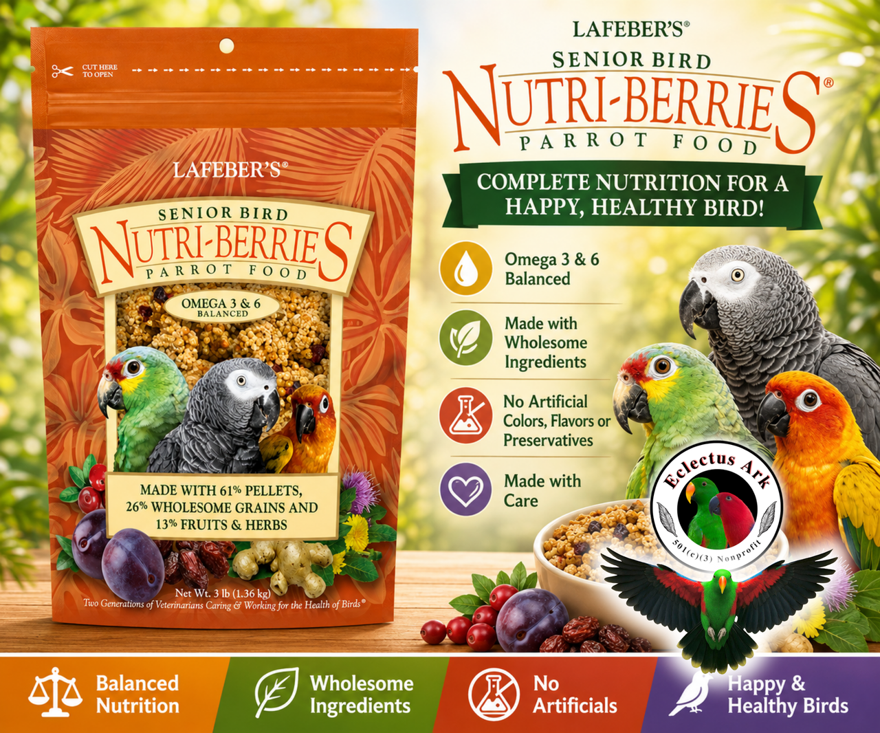 Lafeber Senior Nutri-Berries for parrots with 61% pellets, 26% wholesome grains, 13% fruits and herbs, dried dates, cranberries, plums, dandelion root, ginger, milk thistle, glucosamine sulfate, chondroitin sulfate, vitamins, and minerals for mature parrots. 3 lb Promo