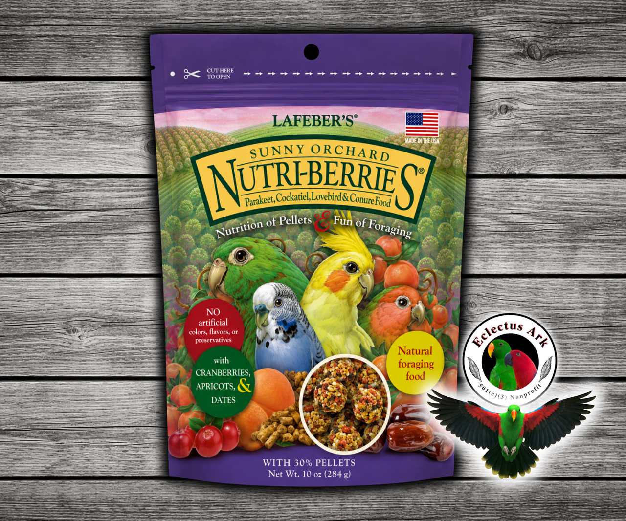 Lafeber Sunny Orchard Nutri-Berries for cockatiels and parakeets with apricots, dates, cranberries, hulled white proso millet, red millet, oat groats, 30% pellets, vitamins, minerals, and omega fatty acids for small birds.