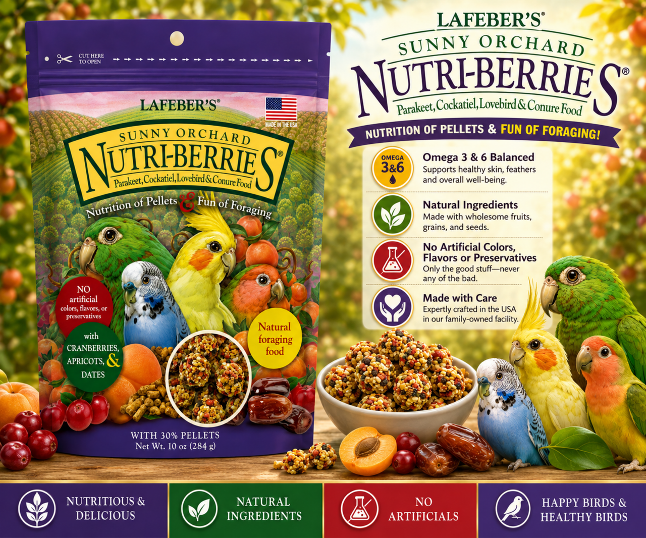 Lafeber Sunny Orchard Nutri-Berries for cockatiels and parakeets with apricots, dates, cranberries, hulled white proso millet, red millet, oat groats, 30% pellets, vitamins, minerals, and omega fatty acids for small birds. 1 0 oz bag Promo