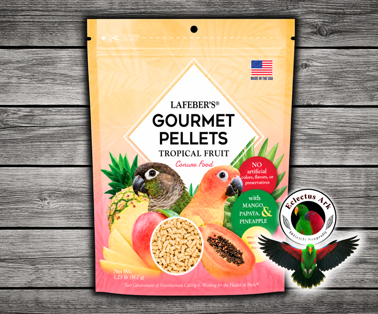 Lafeber Tropical Fruit Gourmet Pellets for conures made with natural fruit taste, dried pineapple, papaya, mango, essential vitamins, chelated minerals, and omega 3 and 6 fatty acids for conures, quakers, caiques, senegals, and similarly sized parrots.