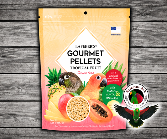 Lafeber Tropical Fruit Gourmet Pellets for conures made with natural fruit taste, dried pineapple, papaya, mango, essential vitamins, chelated minerals, and omega 3 and 6 fatty acids for conures, quakers, caiques, senegals, and similarly sized parrots.