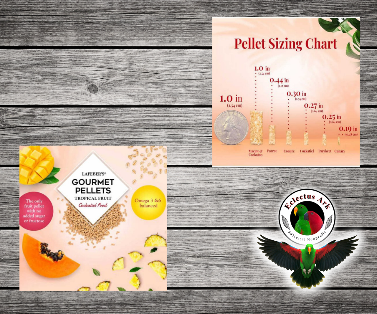 Lafeber Tropical Fruit Gourmet Pellets for conures made with natural fruit taste, dried pineapple, papaya, mango, essential vitamins, chelated minerals, and omega 3 and 6 fatty acids for conures, quakers, caiques, senegals, and similarly sized parrots. Info