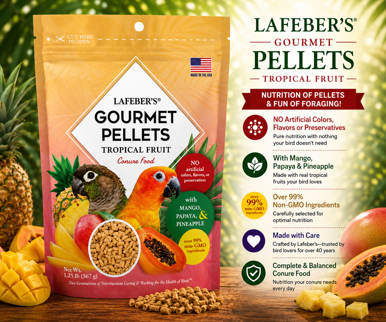 Lafeber Tropical Fruit Gourmet Pellets for conures made with natural fruit taste, dried pineapple, papaya, mango, essential vitamins, chelated minerals, and omega 3 and 6 fatty acids for conures, quakers, caiques, senegals, and similarly sized parrots. Promo Image