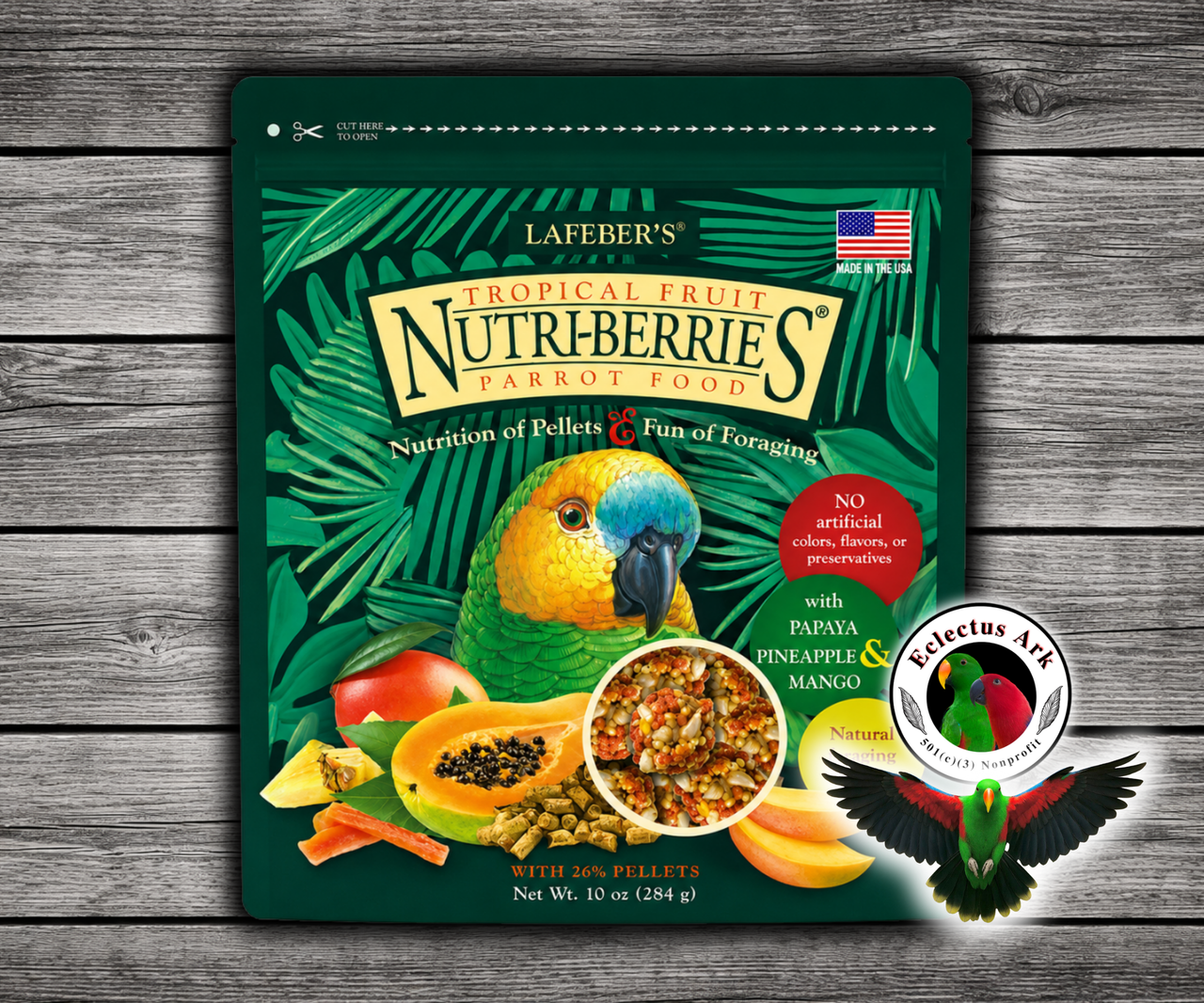 Lafeber Tropical Fruit Nutri-Berries Parrot Food includes pineapple, papaya, mango, hulled seeds, grains, and 26% pellets. 10 oz bag