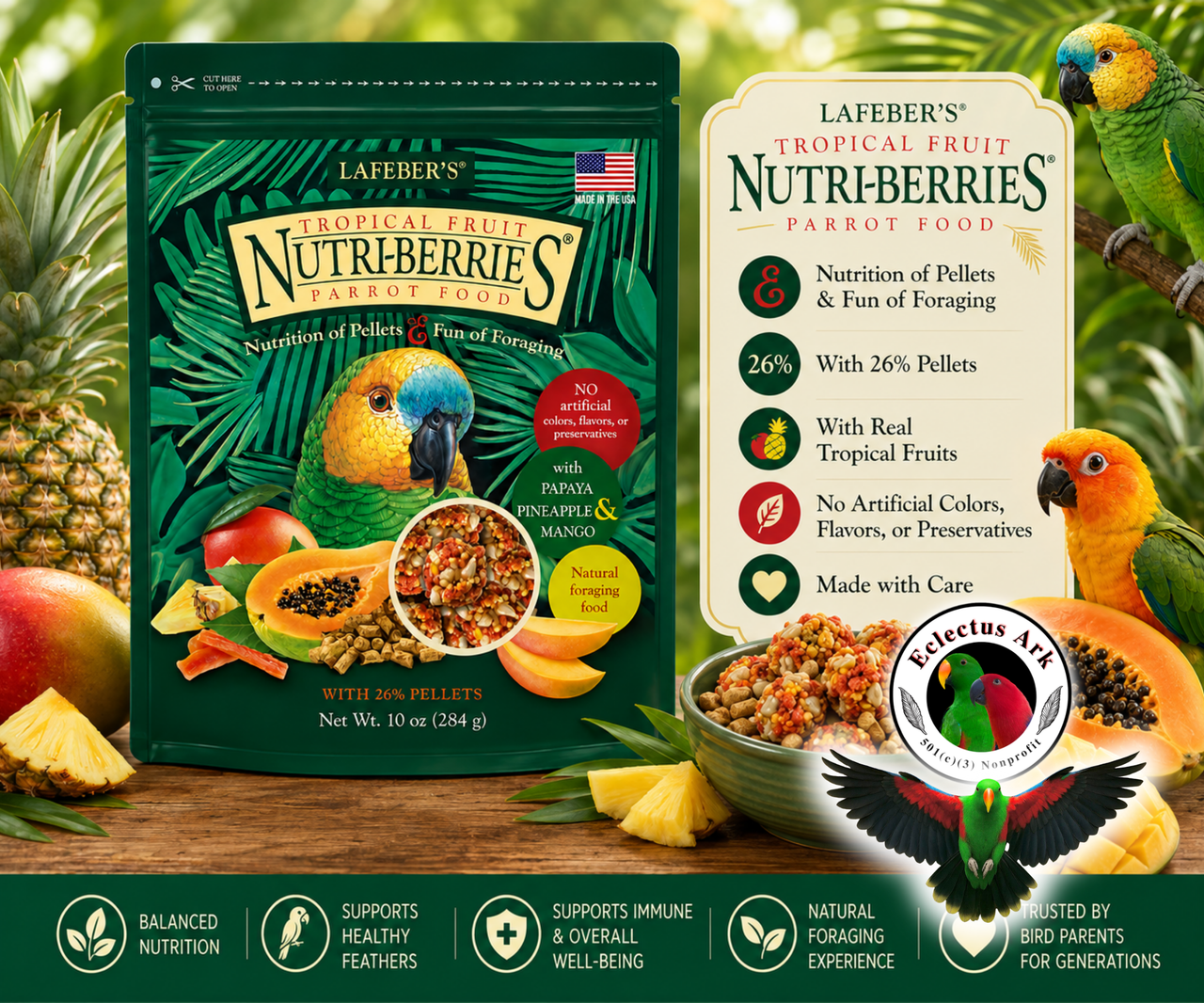 Lafeber Tropical Fruit Nutri-Berries Parrot Food includes pineapple, papaya, mango, hulled seeds, grains, and 26% pellets. 10 oz bag Promo