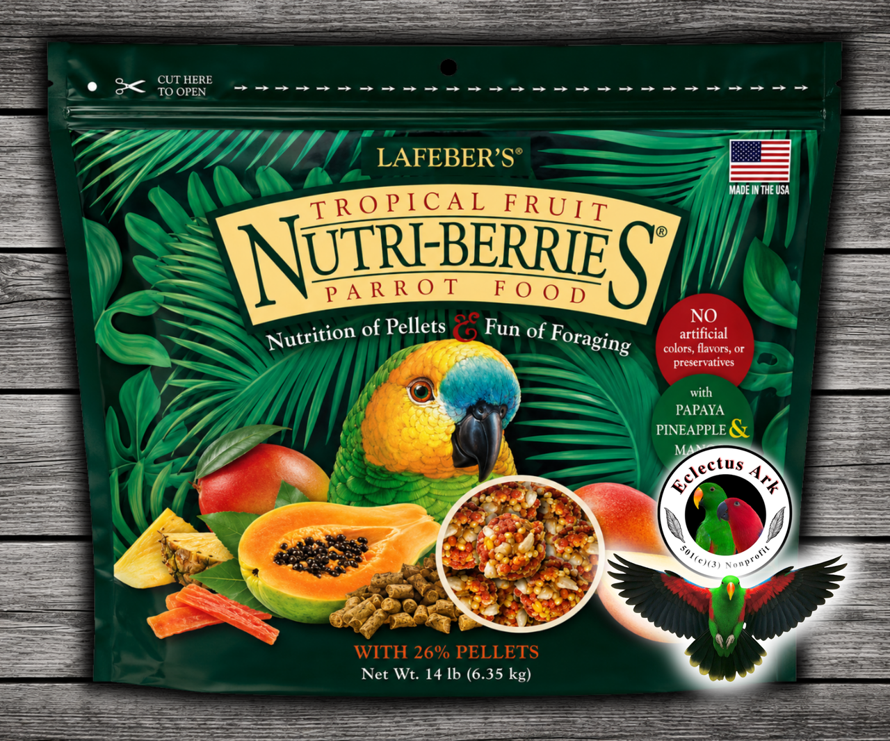 Lafeber Tropical Fruit Nutri-Berries Parrot Food includes pineapple, papaya, mango, hulled seeds, grains, and 26% pellets. 14 lb
