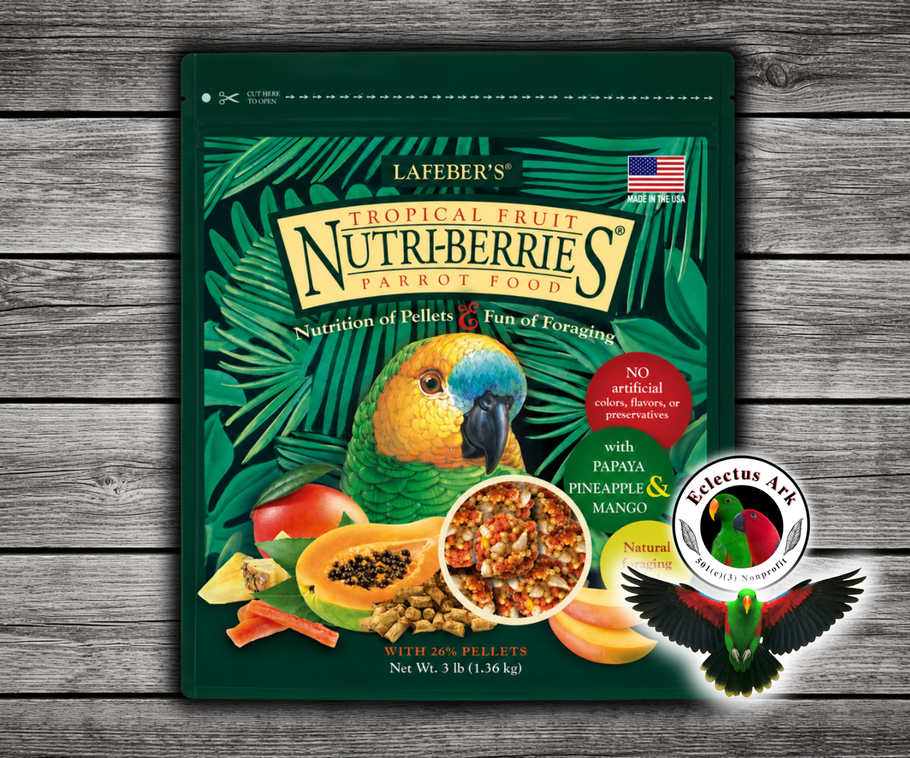 Lafeber Tropical Fruit Nutri-Berries Parrot Food includes pineapple, papaya, mango, hulled seeds, grains, and 26% pellets. 3 lb bag