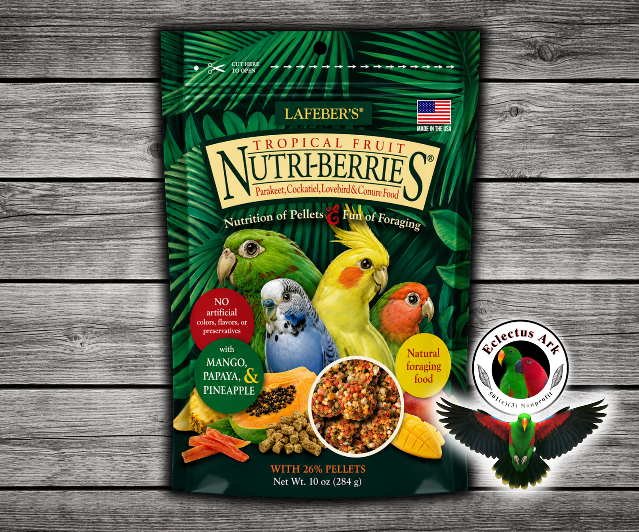 Lafeber Tropical Fruit Nutri-Berries for cockatiels and parakeets with pineapple, papaya, mango, hulled white proso millet, safflower, red millet, 26% pellets, vitamins, minerals, and omega fatty acids for small birds. 10 oz bag