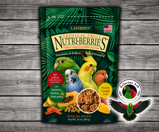 Lafeber Tropical Fruit Nutri-Berries for cockatiels and parakeets with pineapple, papaya, mango, hulled white proso millet, safflower, red millet, 26% pellets, vitamins, minerals, and omega fatty acids for small birds. 10 oz bag