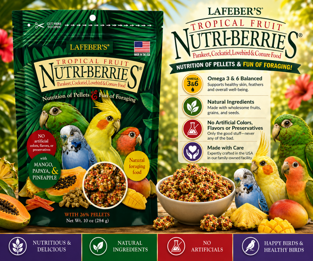 Lafeber Tropical Fruit Nutri-Berries for cockatiels and parakeets with pineapple, papaya, mango, hulled white proso millet, safflower, red millet, 26% pellets, vitamins, minerals, and omega fatty acids for small birds. 10 oz bag Promo