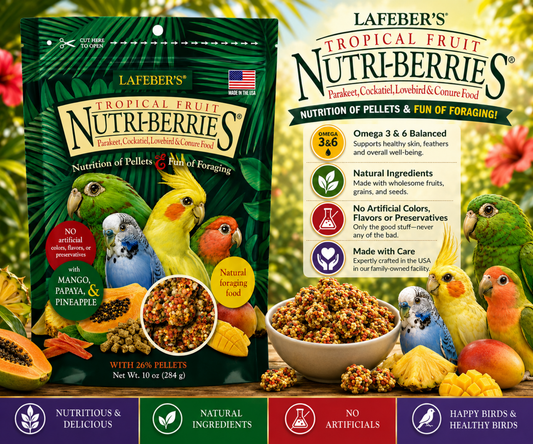 Lafeber Tropical Fruit Nutri-Berries for cockatiels and parakeets with pineapple, papaya, mango, hulled white proso millet, safflower, red millet, 26% pellets, vitamins, minerals, and omega fatty acids for small birds. 10 oz bag Promo