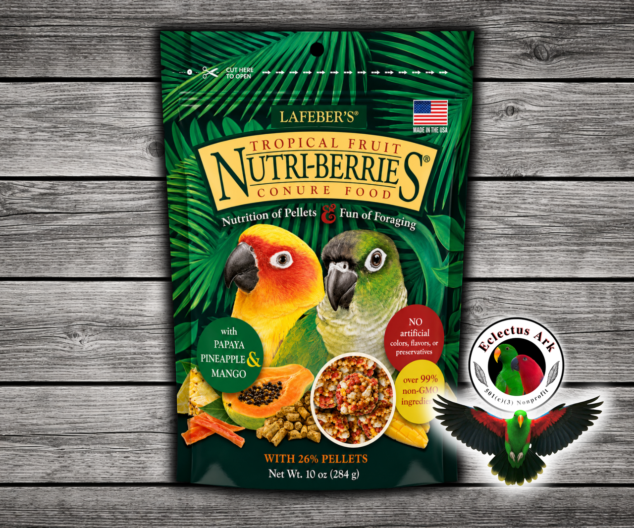 Lafeber Tropical Fruit Nutri-Berries for conures with pineapple, papaya, mango, hulled white proso millet, safflower, red millet, peanuts, 26% pellets, vitamins, minerals, and omega fatty acids for conures, caiques, Senegals, Meyer’s parrots, and small parrots. 10 oz bag