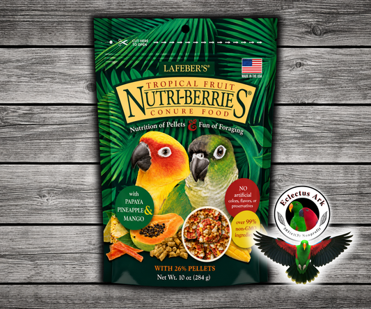 Lafeber Tropical Fruit Nutri-Berries for conures with pineapple, papaya, mango, hulled white proso millet, safflower, red millet, peanuts, 26% pellets, vitamins, minerals, and omega fatty acids for conures, caiques, Senegals, Meyer’s parrots, and small parrots. 10 oz bag