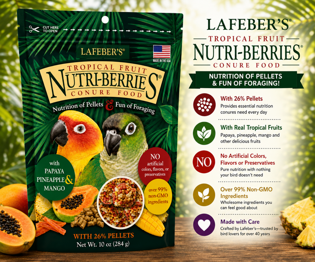 Lafeber Tropical Fruit Nutri-Berries for conures with pineapple, papaya, mango, hulled white proso millet, safflower, red millet, peanuts, 26% pellets, vitamins, minerals, and omega fatty acids for conures, caiques, Senegals, Meyer’s parrots, and small parrots. 10 oz bag Promo