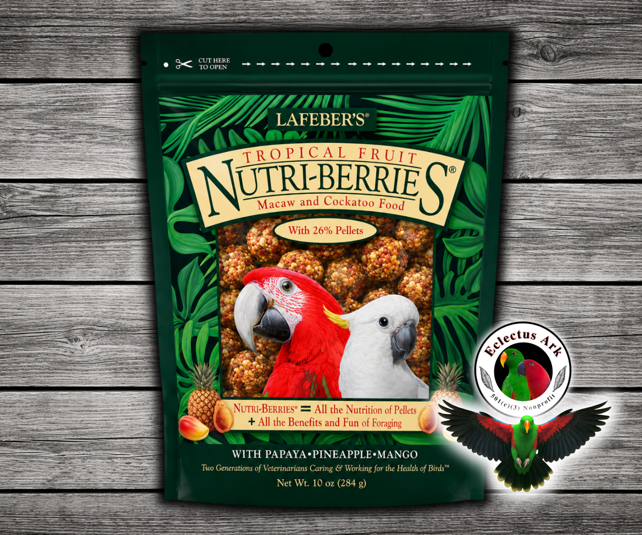 Lafeber Tropical Fruit Nutri-Berries for macaws and cockatoos with pineapple, papaya, mango, cracked corn, hulled white proso millet, safflower, red millet, peanut hearts, 26% pellets, vitamins, minerals, and omega fatty acids for large parrots. 10 oz bag