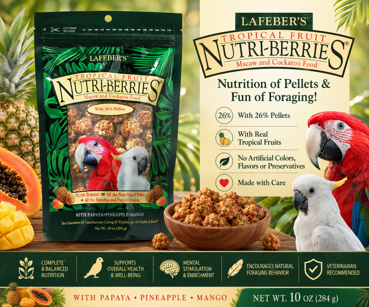 Lafeber Tropical Fruit Nutri-Berries for macaws and cockatoos with pineapple, papaya, mango, cracked corn, hulled white proso millet, safflower, red millet, peanut hearts, 26% pellets, vitamins, minerals, and omega fatty acids for large parrots. 10 oz Promo