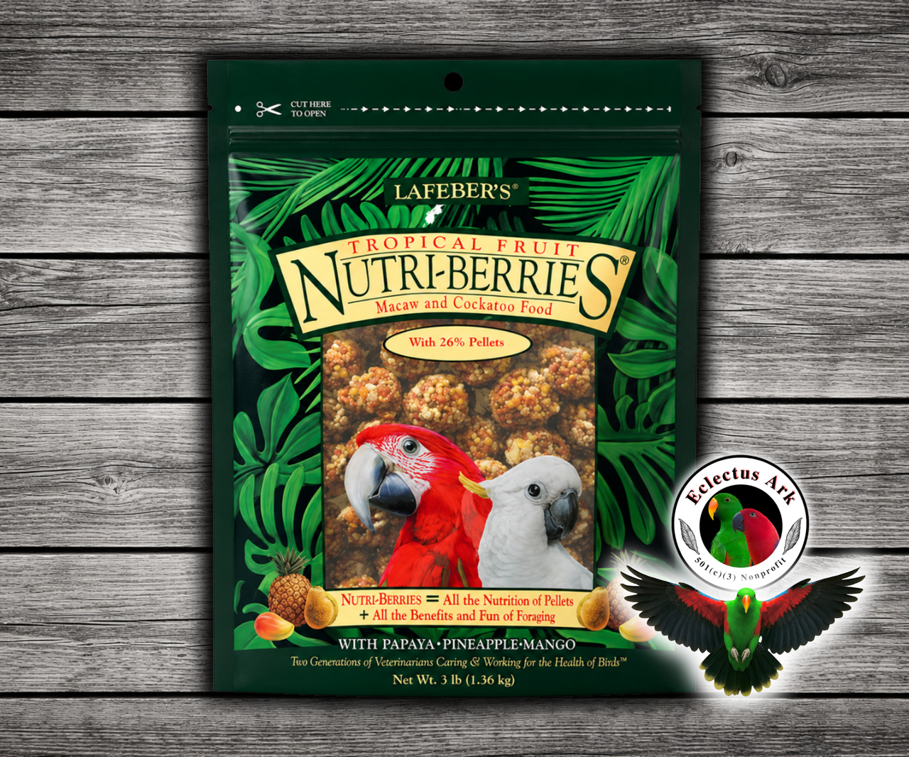 Lafeber Tropical Fruit Nutri-Berries for macaws and cockatoos with pineapple, papaya, mango, cracked corn, hulled white proso millet, safflower, red millet, peanut hearts, 26% pellets, vitamins, minerals, and omega fatty acids for large parrots. 3 lb bag