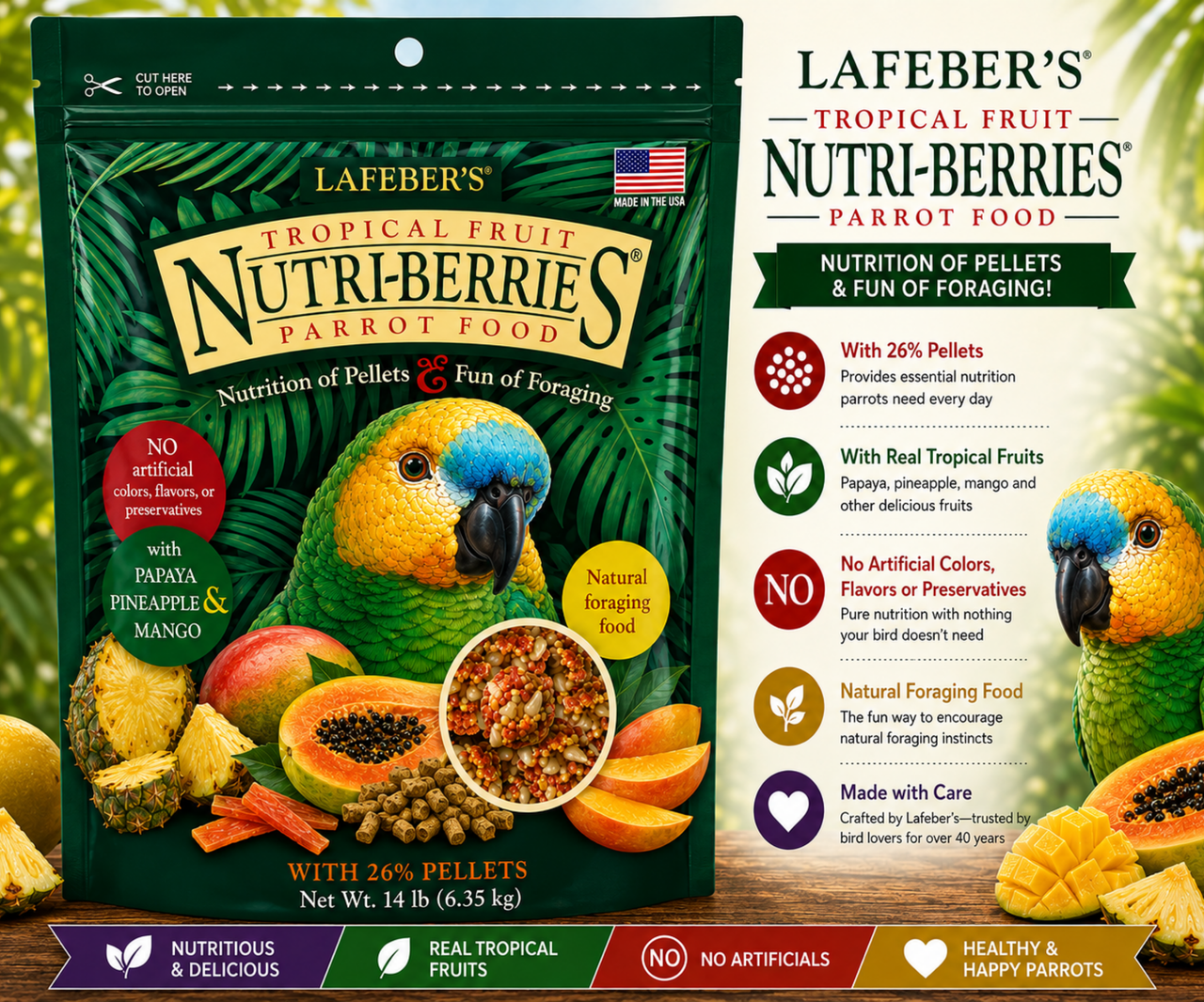Lafeber Tropical Fruit Nutri-Berries for parrots with pineapple, papaya, mango, hulled white proso millet, safflower, red millet, peanut granules, 26% pellets, vitamins, minerals, and omega fatty acids for Amazons, African greys, Pionus, and parrots. 14 lb Promo