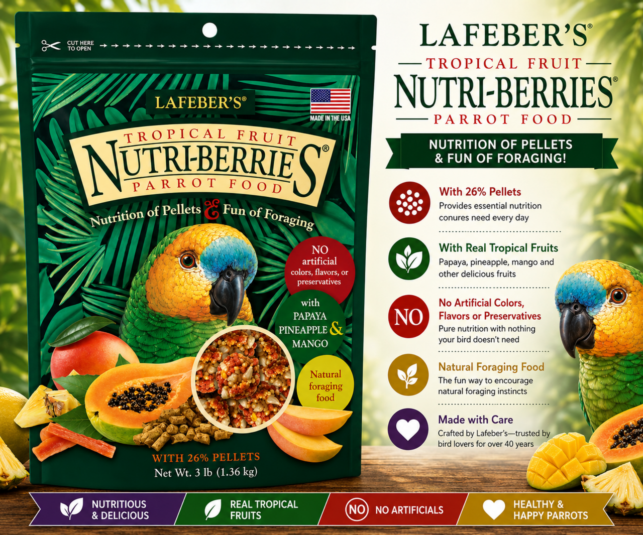 Lafeber Tropical Fruit Nutri-Berries for parrots with pineapple, papaya, mango, hulled white proso millet, safflower, red millet, peanut granules, 26% pellets, vitamins, minerals, and omega fatty acids for Amazons, African greys, Pionus, and parrots 3 lb Promo