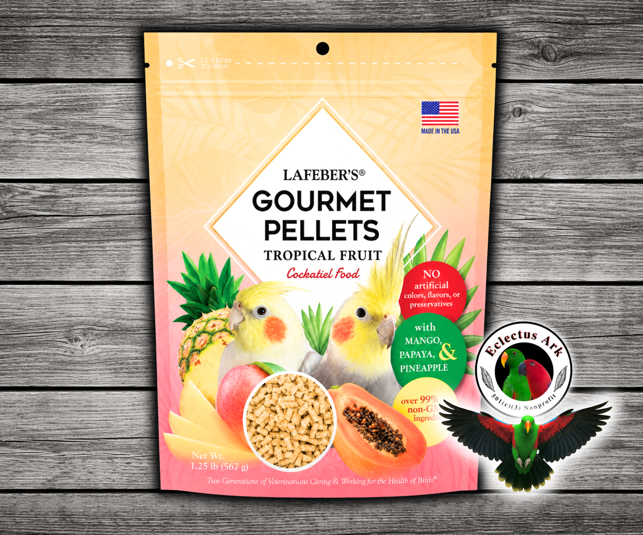Lafeber Tropical Fruit Pellets for cockatiels made with natural fruit taste, dried pineapple, papaya, mango, essential vitamins, chelated minerals, and omega 3 and 6 fatty acids for cockatiels, lovebirds, quakers, rosellas, and similar parrots.