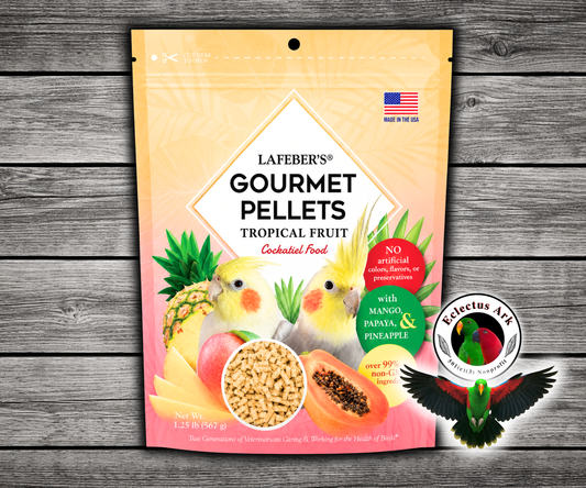 Lafeber Tropical Fruit Pellets for cockatiels made with natural fruit taste, dried pineapple, papaya, mango, essential vitamins, chelated minerals, and omega 3 and 6 fatty acids for cockatiels, lovebirds, quakers, rosellas, and similar parrots.