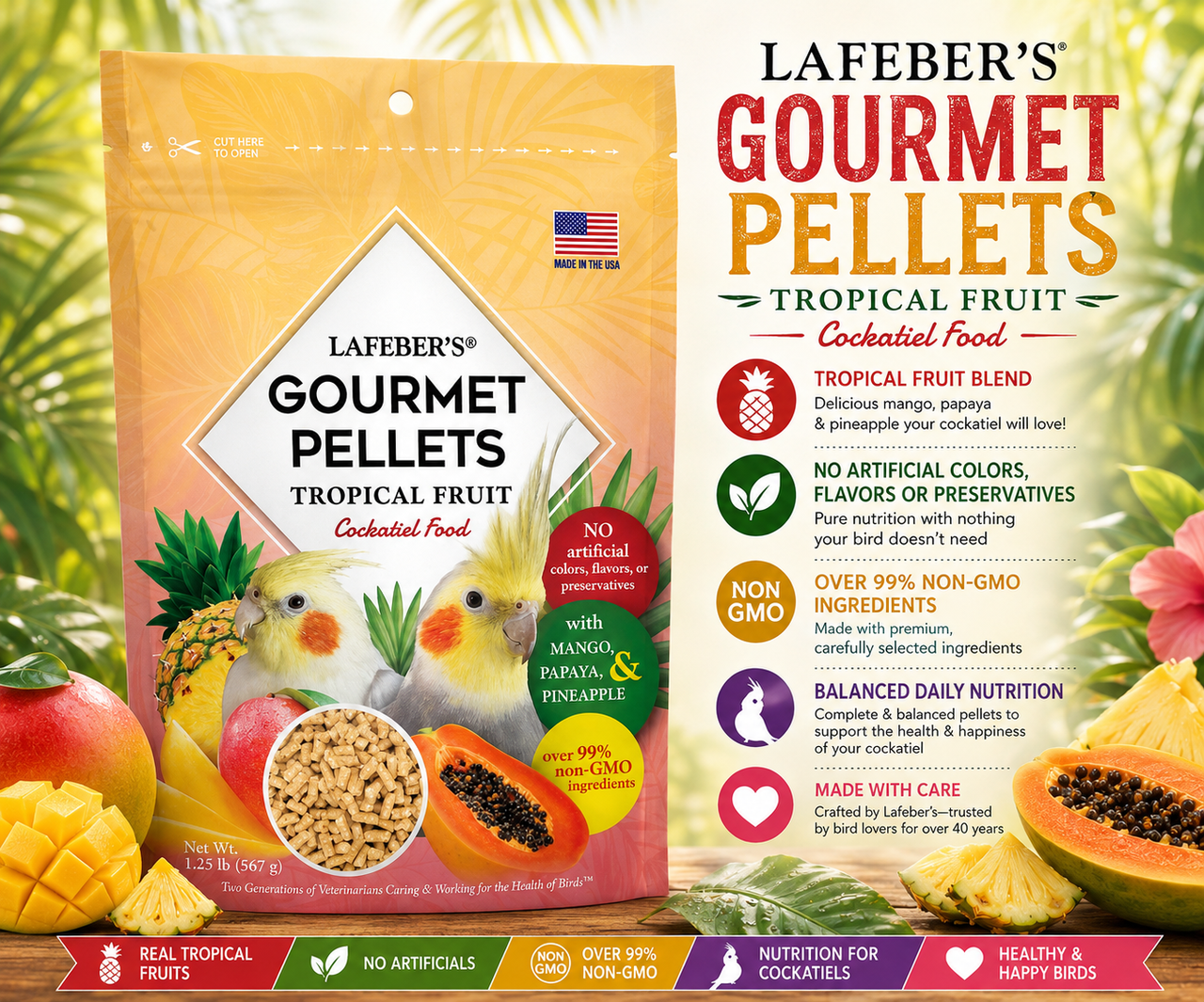 Lafeber Tropical Fruit Pellets for cockatiels made with natural fruit taste, dried pineapple, papaya, mango, essential vitamins, chelated minerals, and omega 3 and 6 fatty acids for cockatiels, lovebirds, quakers, rosellas, and similar parrots. Promo
