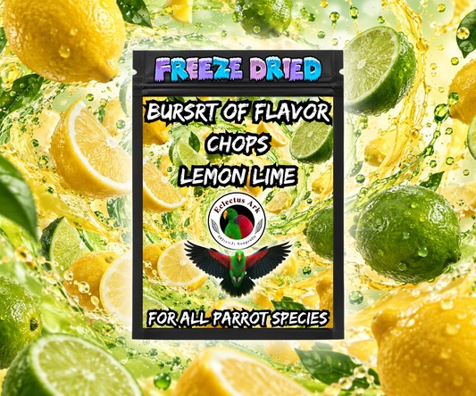 Lemon Lime Battered Burst of Flavor Freeze-Dried Chop for parrots made with carrots, celery, green peppers, broccoli, cauliflower, kale, Red Delicious apples, Granny Smith apples, bananas, okra, green beans, corn, green peas, papaya, and carrot Bag Image