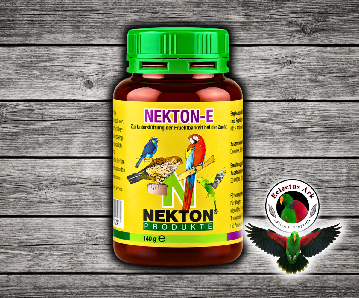Nekton-E vitamin E compound for birds and reptiles with alpha tocopherol acetate, used as a breeding-season supplement and mixed with drinking water or soft food as directed. 140 grams