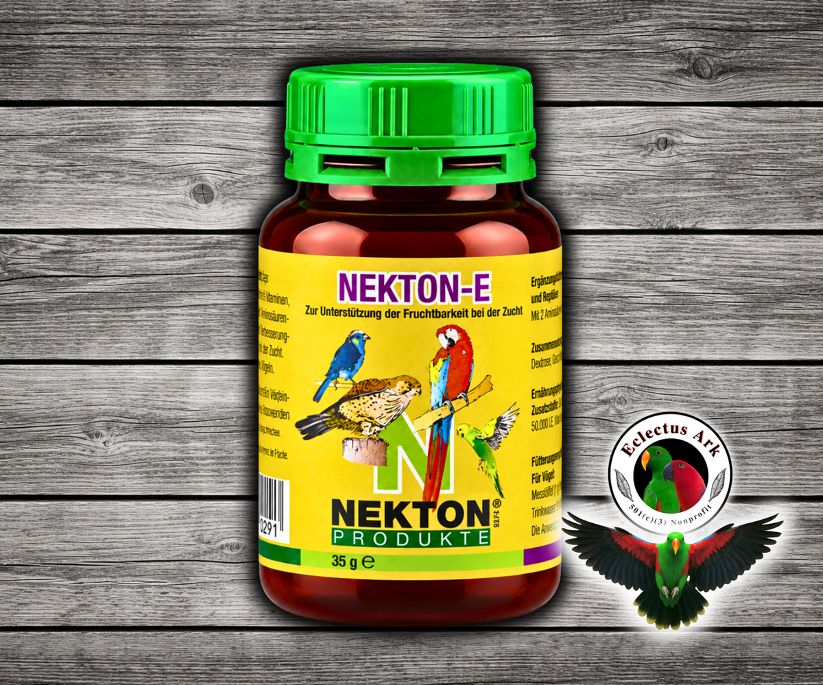 Nekton-E vitamin E compound for birds and reptiles with alpha tocopherol acetate, used as a breeding-season supplement and mixed with drinking water or soft food as directed. 35 grams