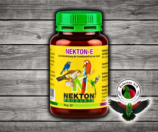 Nekton-E vitamin E compound for birds and reptiles with alpha tocopherol acetate, used as a breeding-season supplement and mixed with drinking water or soft food as directed. 70 grams 